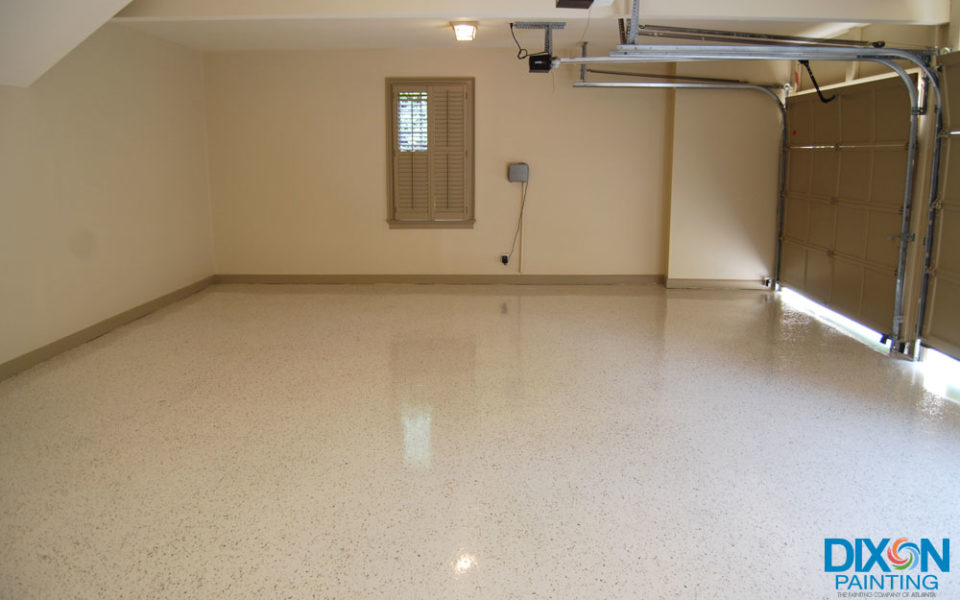 a garage with a white floor